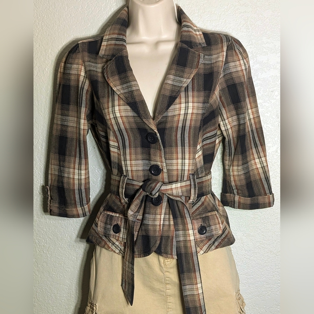 Vintage Millenium Brown Plaid Puff Shoulder Belted Blazer Jacket Medium - Picture 2 of 7
